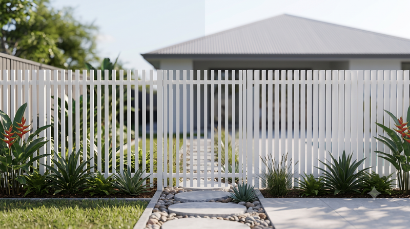 White vertical aluminum fence panels in batten and blade styles outside a modern home.